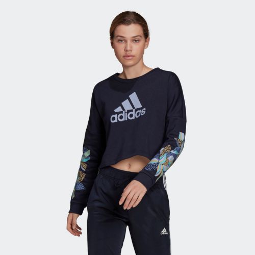 Adidas x farm rio print loose cropped fleece logo sweatshirt